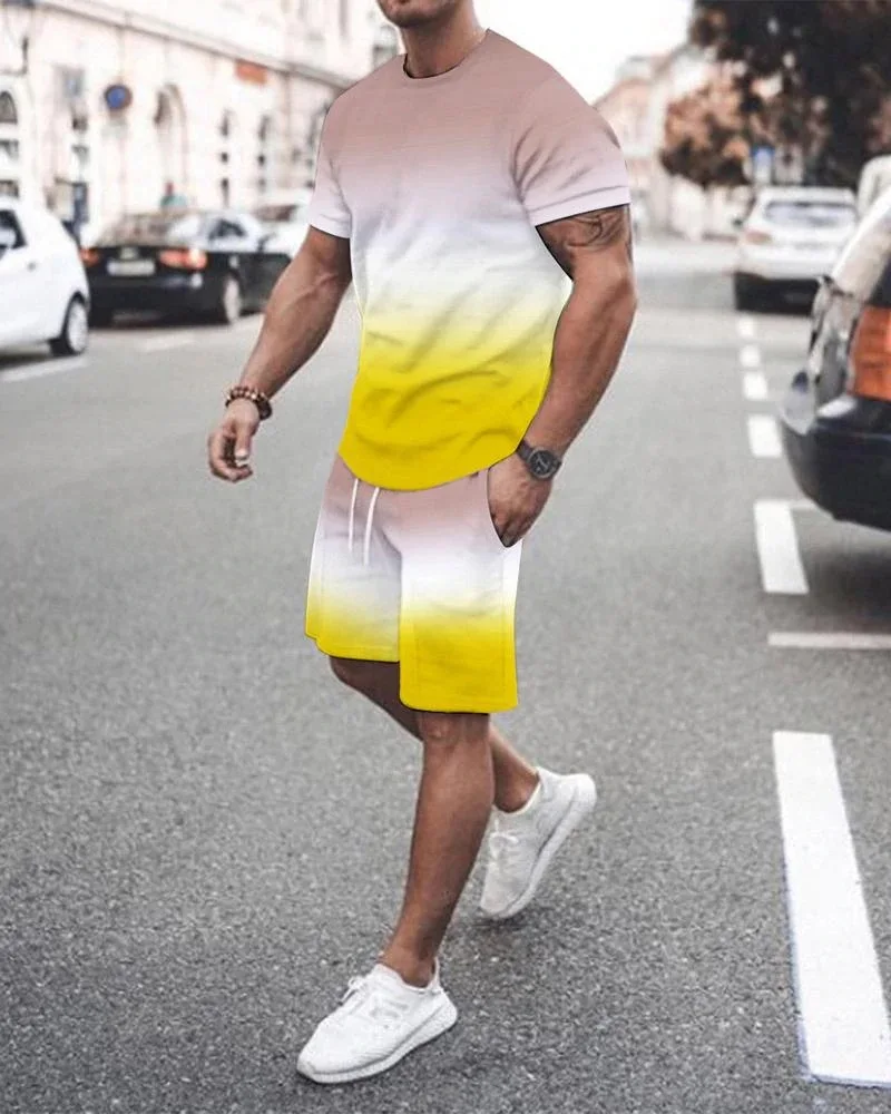 Abbigliamento da uomo con stampa a colori sfumati Completo da 2 pezzi di abbigliamento sportivo Manica corta Streetwear T-shirt alla moda Set Abito da uomo estivo