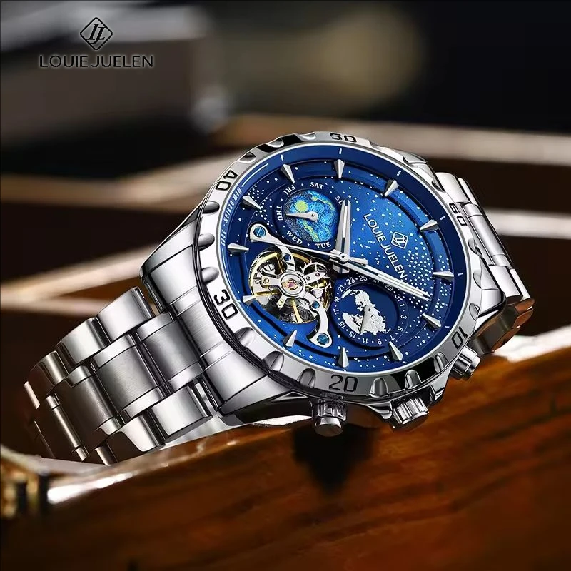 LOUIE JUELEN Starry Ocean Series Three Eye Mineral Reinforced Glass Mirror Men's Fully Automatic Mechanical Watch