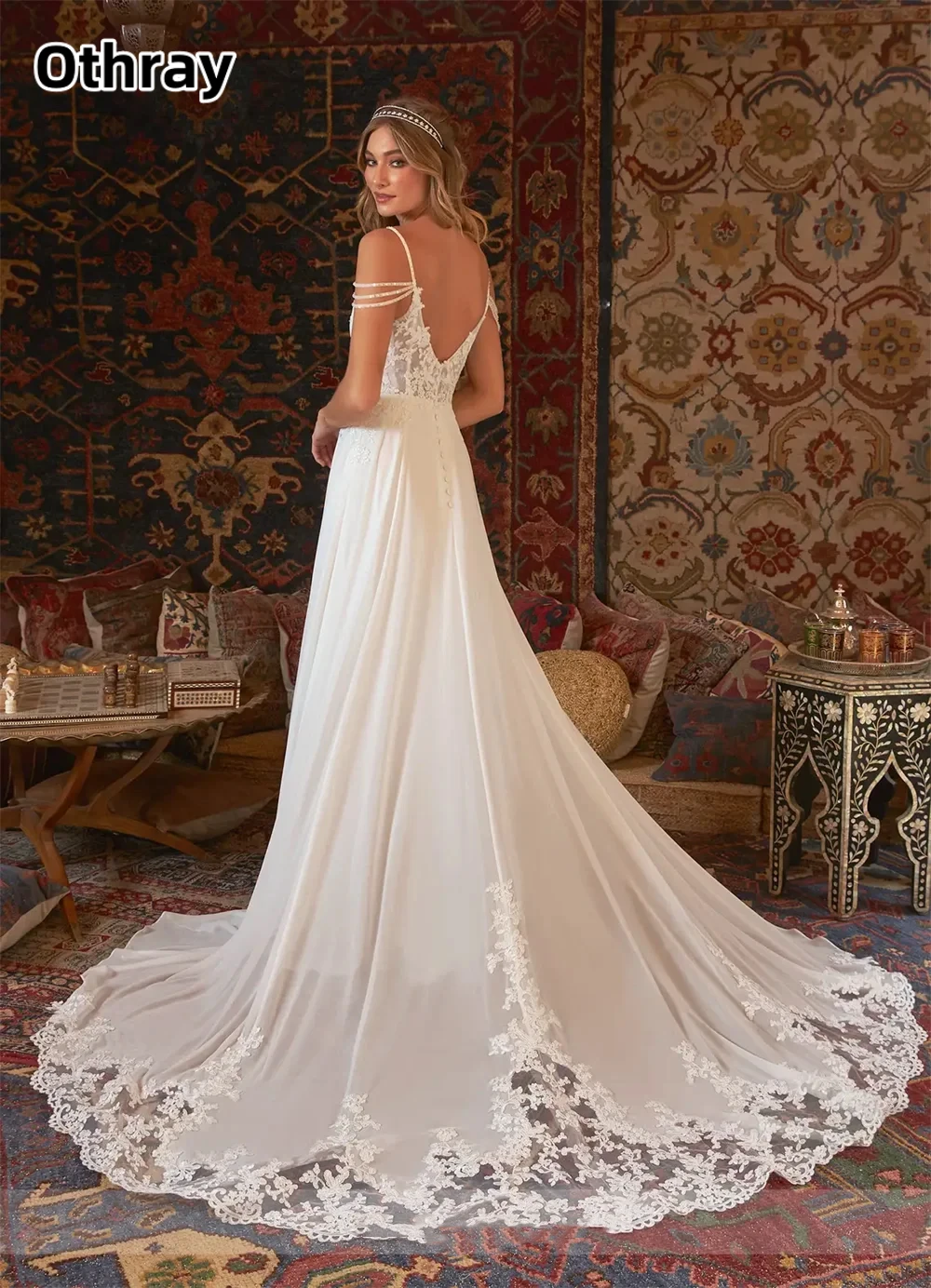 Othray Lace Chiffon A-line Wedding Dress Spaghetti Straps Side Slit Modest Wedding Gowns for Bride vestidos de novia