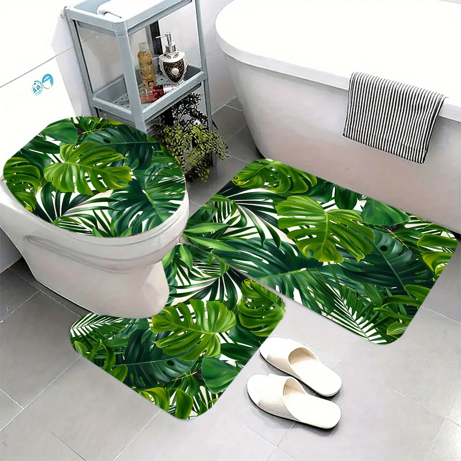 

Набор для ванной комнаты из 3 предметов с тропическим принтом листьев, можно стирать в машине, полиэфирная ткань, нескользящий коврик, U-образный коврик, коврик для унитаза