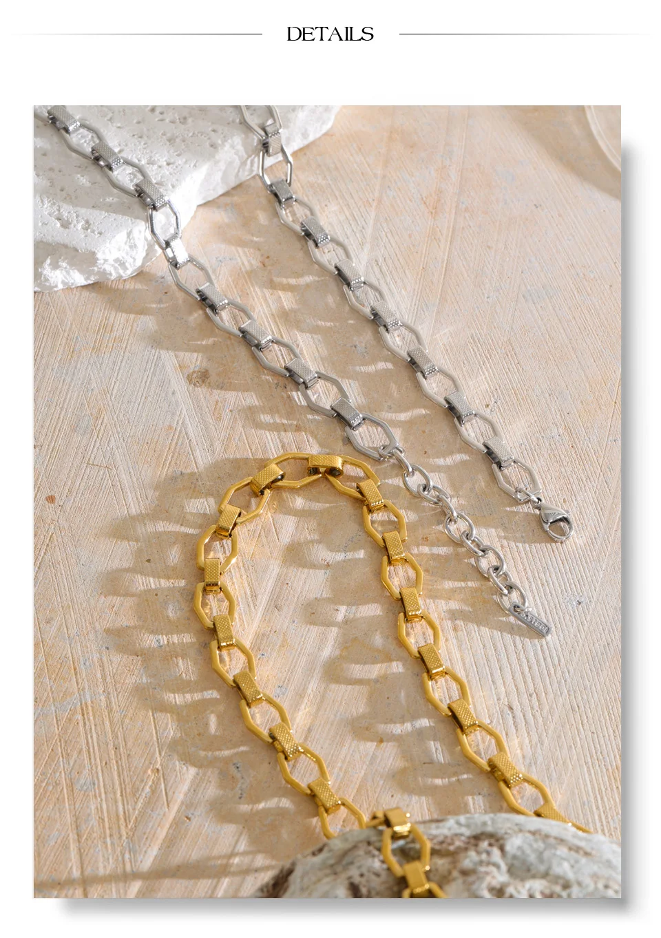 Yhpup Edelstahlkette, modische Halskette für Damen, 18K Goldfarbe, PVD-beschichtet, strukturiertes Metall, Statement-Schmuck – Detail 9