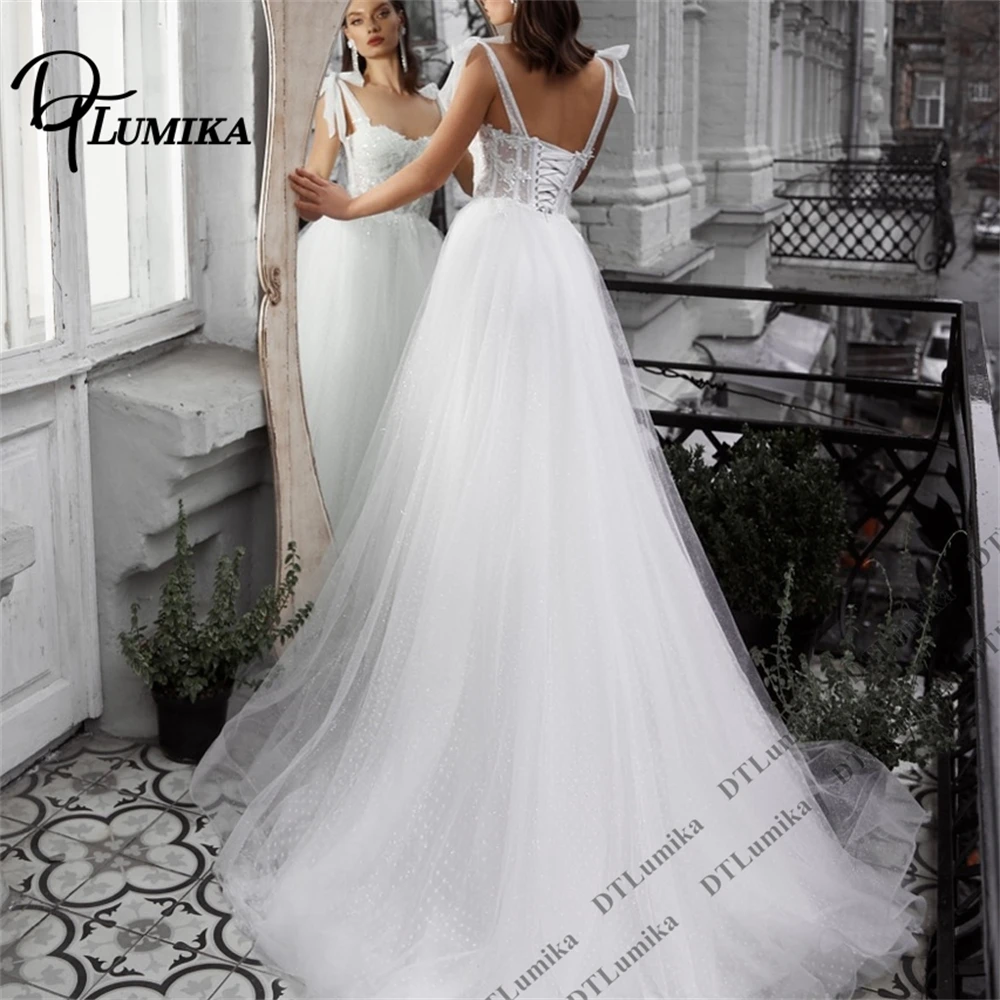 DTLumika Sweet Bow Shoulder Bride Dress Lace Corset Back Polka Dot Mesh A Line Wedding Dresses Women's Customized Bridal Gown