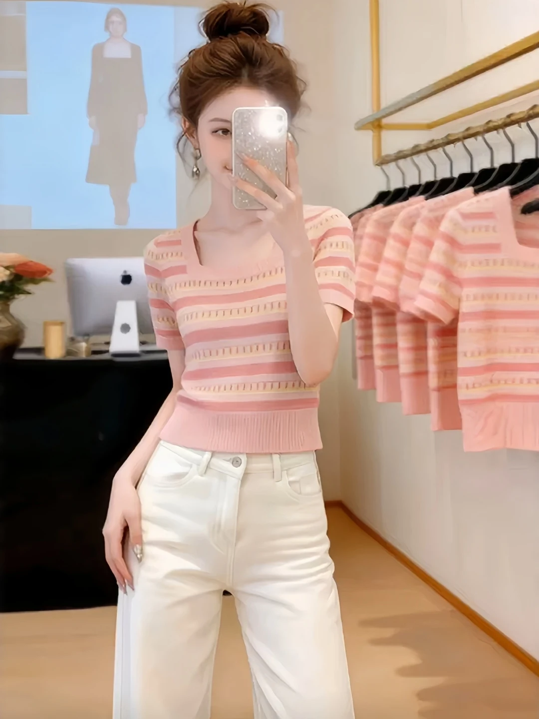 

Pink Square Collar Color Block Slim Fit Short Sleeve T-Shirt Women's Summer plus Size Beautiful Knitted Top Korean Style Comm...