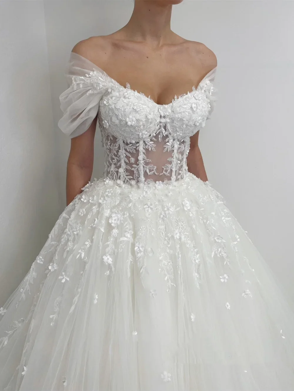 Flavinke personnalisé charmante robes De mariée Sexy hors De l'épaule chérie Appliqe Tulle une ligne robe De Noiva robe De mariée