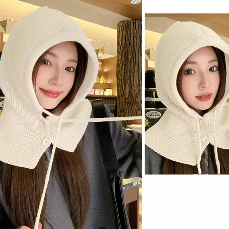 Knitted Hooded Caps Winter Balaclava Hats Women Korean Style Outdoor Warmer Drawstring Hats One-piece Neck Collar Beanies Cap