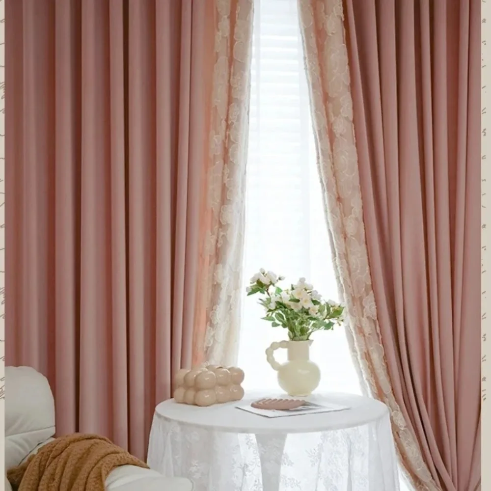 Vintage Pink Velvet French Lace 3D Embroidery Curtains for Royal Bedroom Living Room French Window Custom Made Sheer Drapes
