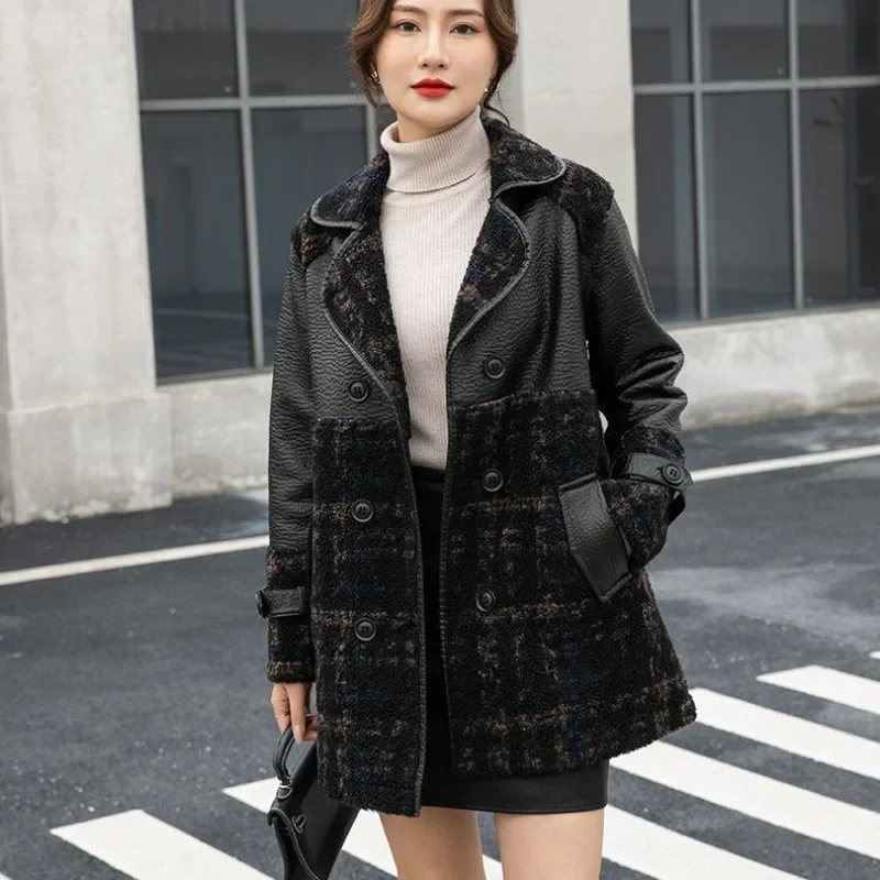 Mid-long leather jacket for women, thick velvet jacket, V-neck, loose leather on both sides, Korean version, autumn and winter