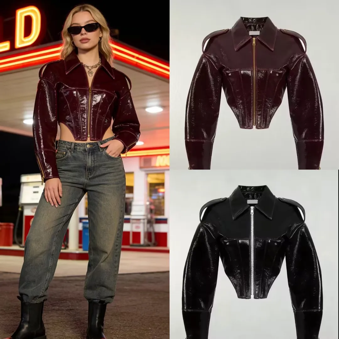 Women PU Leather Motorcycle Jacket Cropped Short Coat Spring Summer Outwear
