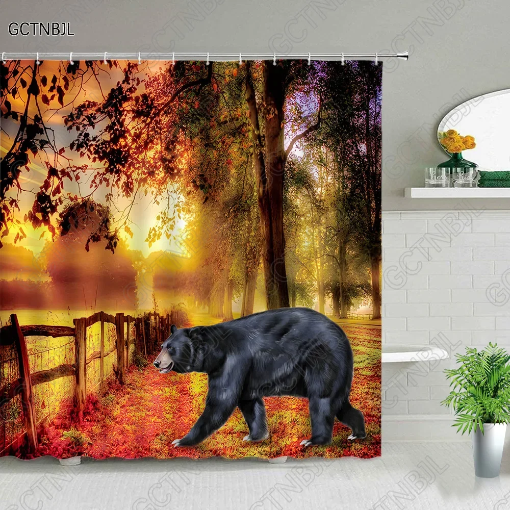 Fall Landscape Shower Curtain Set Autumn Golden Forest Screen Deer Black Bear Cow Farm Animal Bathroom Decor Fabric Bath Curtain