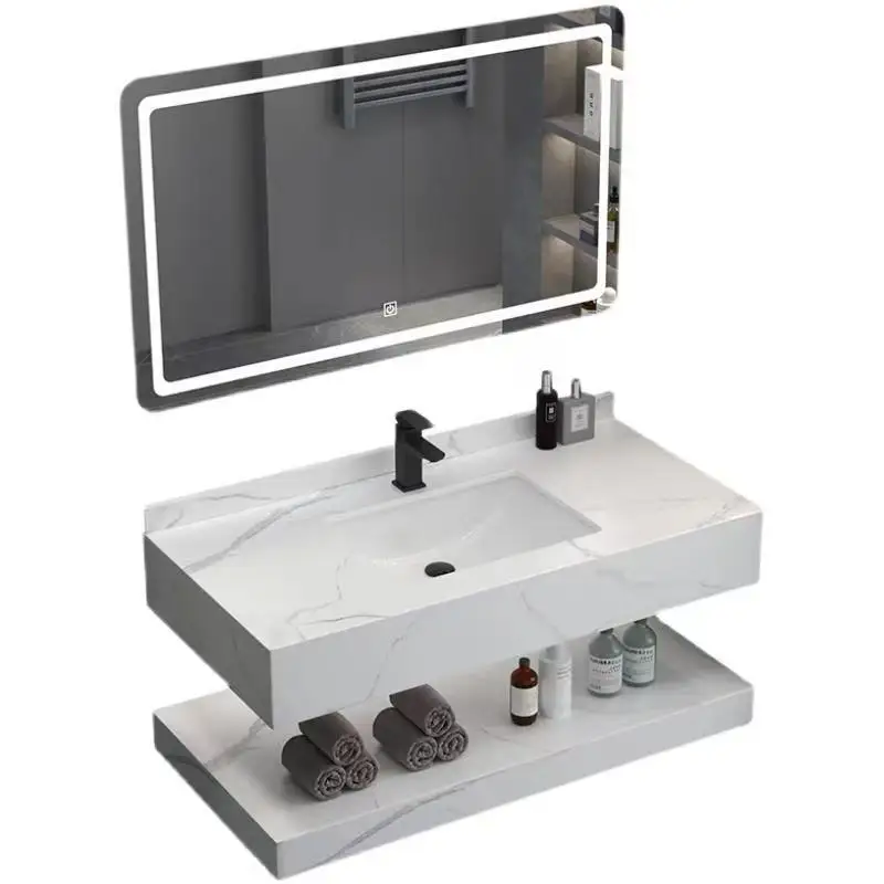Hotel Public Bathroom Double-layered Rock Connection Ceramic Bathroom Cabinets Integrated Basin Mobili Da Bagno Furniture