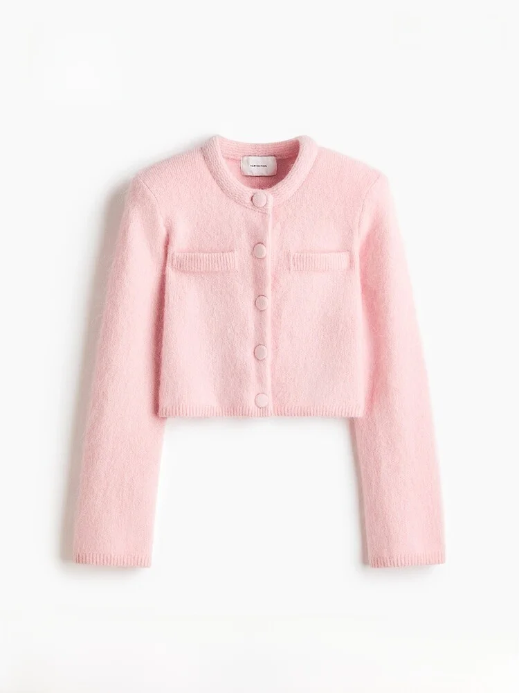 

Spring New Women's Knitted Cardigan oulder Pads Camere Blend H&M 323527 Regular Thin Simple Sle Wool Blend