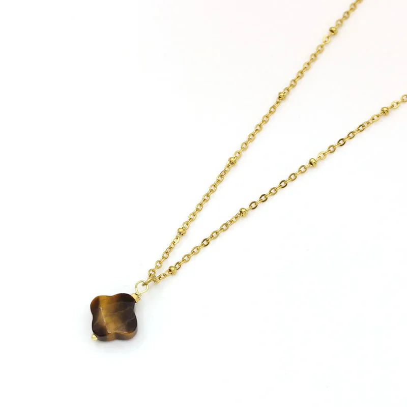 Cut Gemstone Natural Stone Clover Pendant Necklace For Women Stainless Steel Gold-plated Chain Choker Trendy Jewelry
