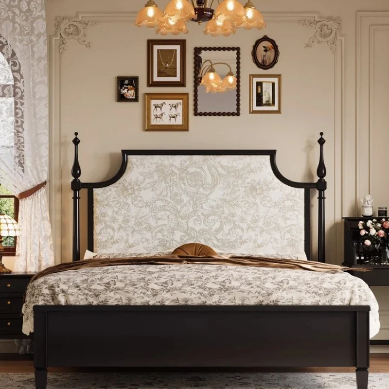 French retro solid wood master bedroom king size bed American medieval high-end atmospheric soft bag bed simple and beautiful