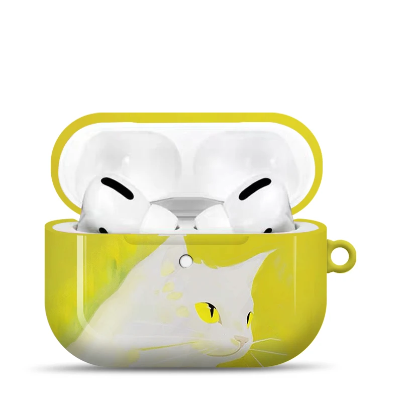 Korean Ins Yellow Little White Cat Cartoon Graffiti Pendant Shockproof Protective Case Cover for AirPods 1 2 3 AirPods Pro Pro 2