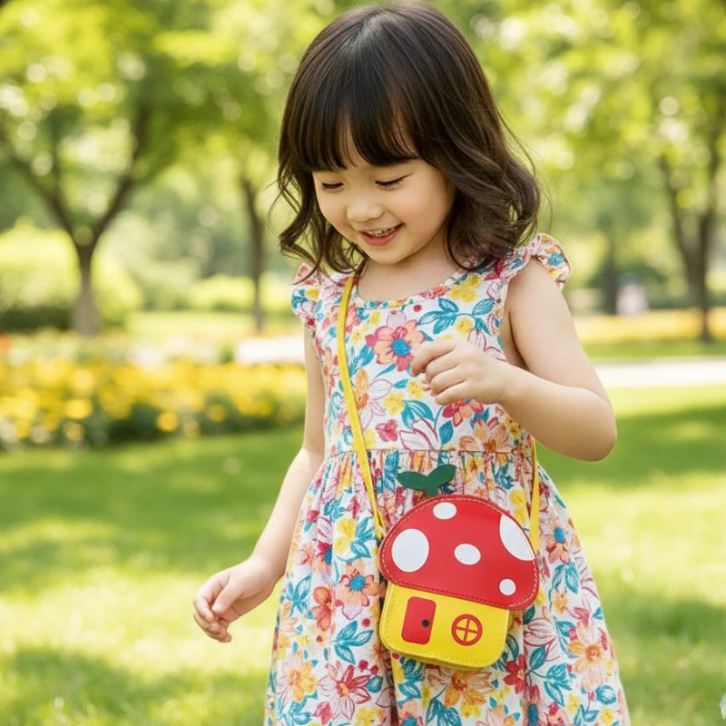 Stylish Cartoon Mushroom Coin Purse Soft PU Shoulder Bag Small Crossbody Bag for Girls Kids Gift and Daily Casual Outfits