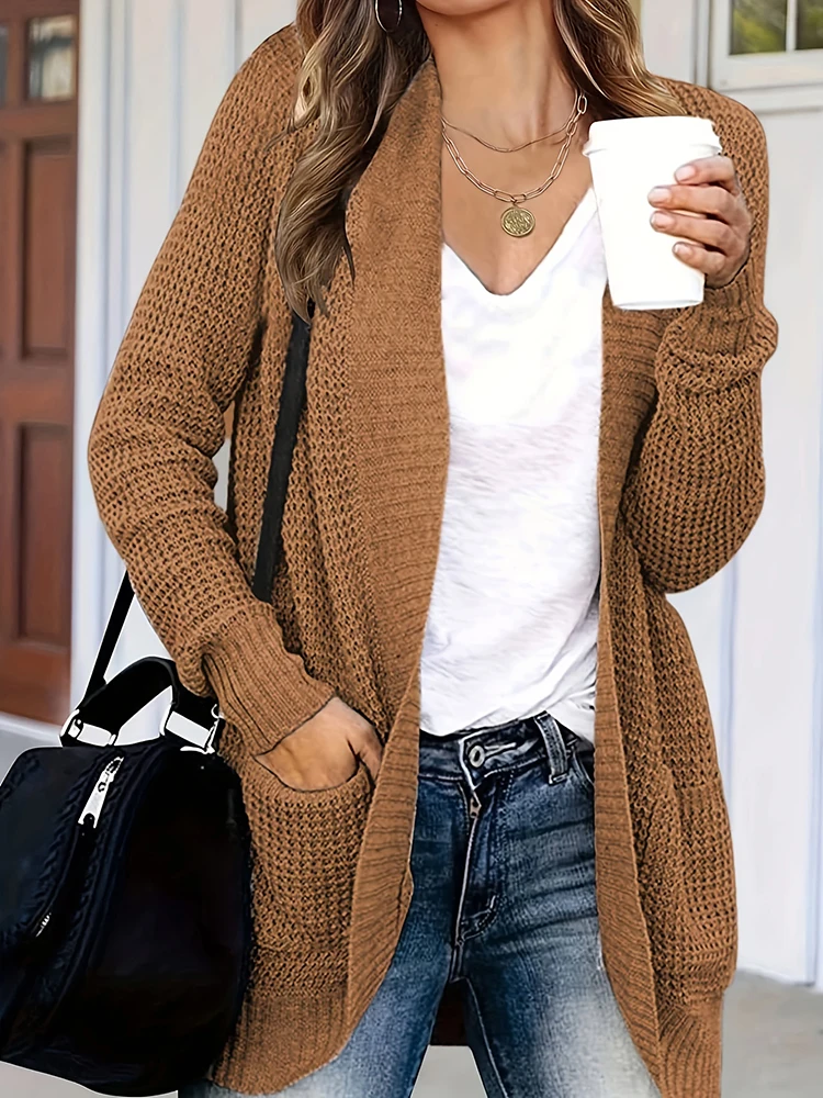 New into the trend of fashion women\'s casual style autumn and winter models solid color style pocket design sweater cardigan