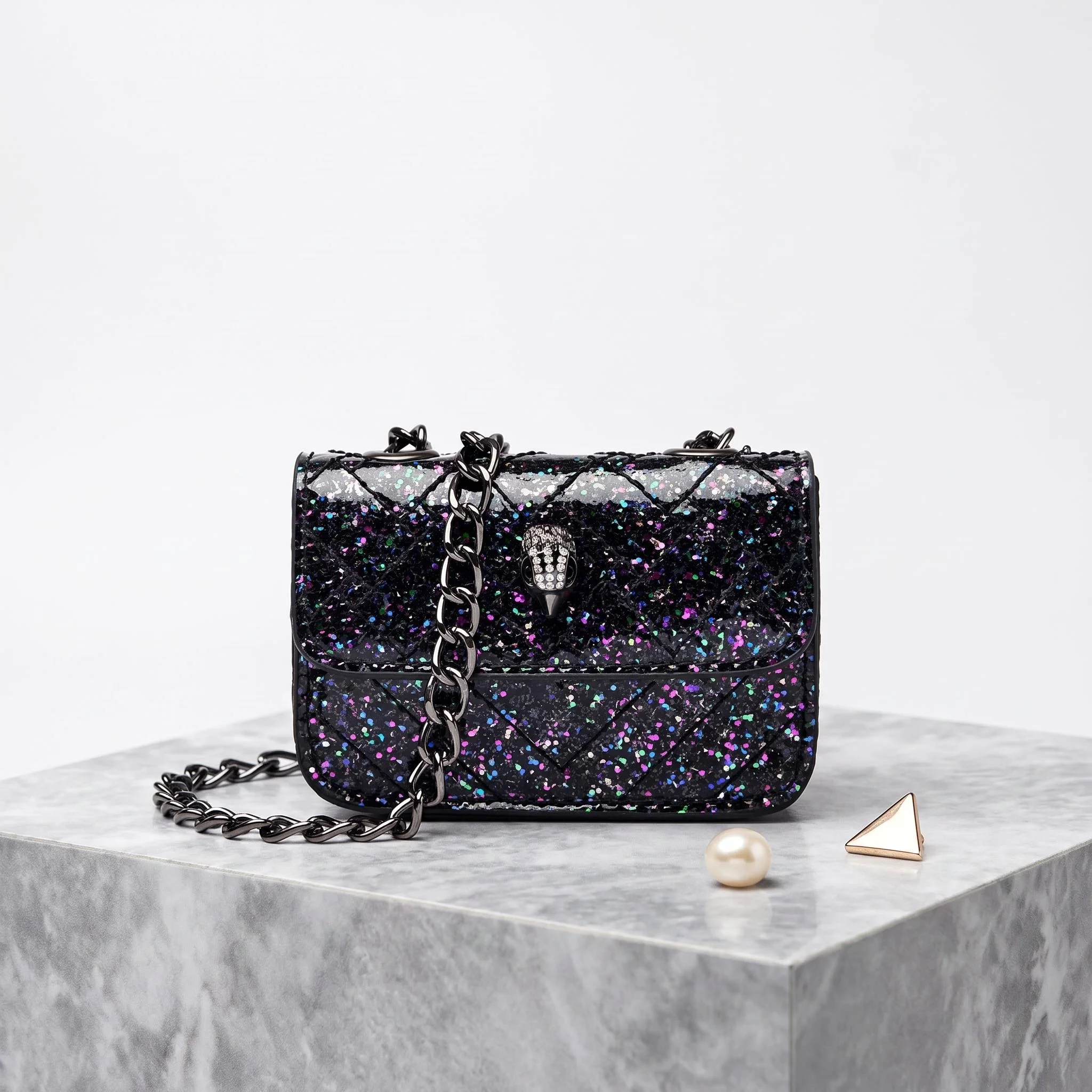 Multicolor Glitter Sequins V Diamond Quilted Mini Square Bag Ladies Eagle Head Lock Gold Metal Chain Crossbody Shoulder Handbag