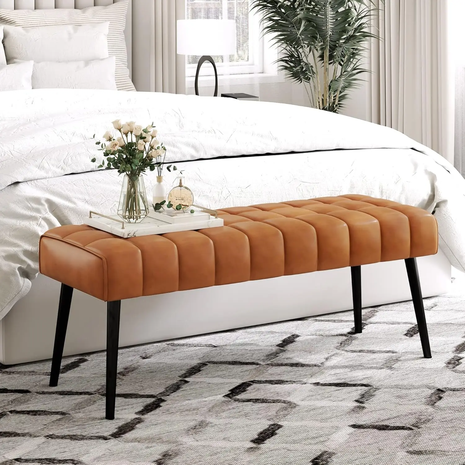 44.5” End of Bed Bench, Faux Leather Tufted Upholstered Bedroom/Modern Ottoman Bench with Metal Legs for Living Room,