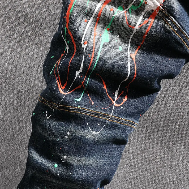 Streetwear Fashion Men Jeans Retro Black Blue Slim Fit Stretch Spliced Designer Biker Jeans Homme Painted Hip Hop Punk Pants Men