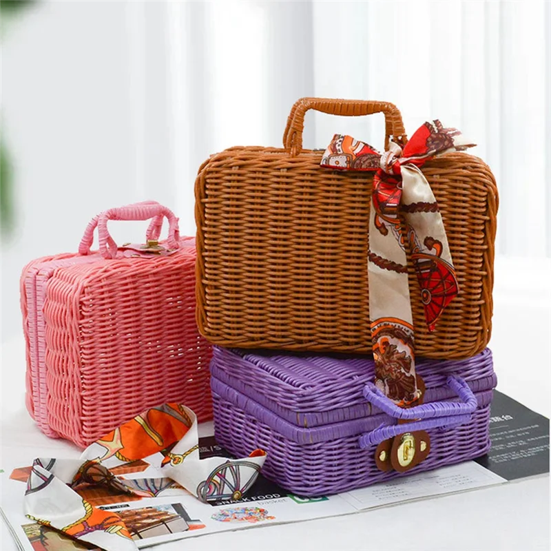 ABJS Retro Imitation Rattan Picnic Basket Woven Suitcase Hand Woven Photography Props Home Decoration Storage Pink