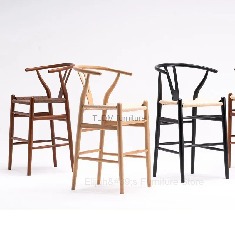 

Nordic Solid Wood Bar Chairs Minimalist Cafe High Bar Stool Bar Furniture Creative Home Armchair Leisure Back Rattan Bar Chairs