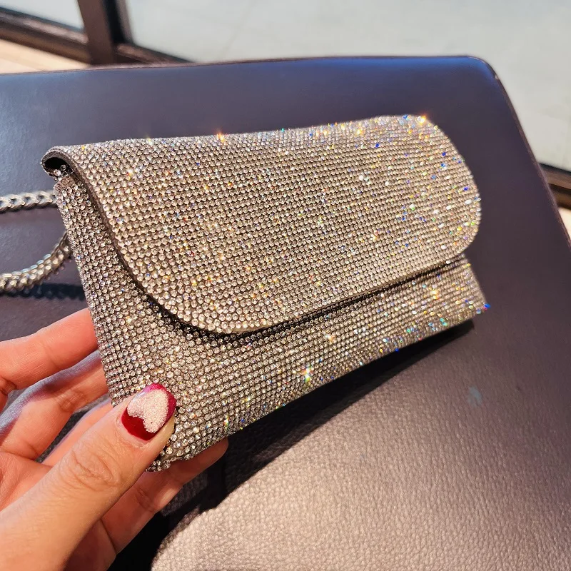 Women's clutch bag with Rhinestones silver Purse on chain PU Leather evening bag Ladies Fashion Party Evening Shoulder Bag