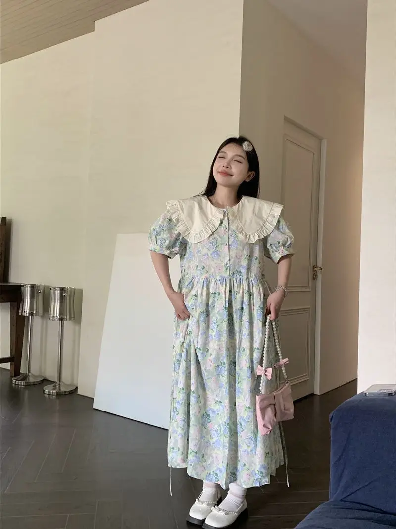 Plus Size 5XL 140KG Summer Floral Dress Peter Pan Collar Elegant Dresses Short Sleeve Woman Casual Evening Holiday Floral Dress
