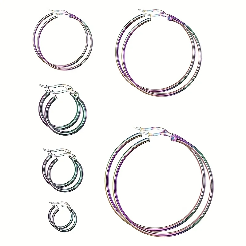 1/6 Pairs Fashion Simple Colorful Stainless Steel Hoop Earrings for Women Men Big & Small Circle Round Ear Jewelry Size 10-40mm