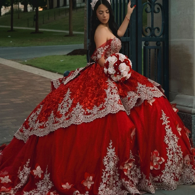 

Red Quinceanera Dresses Off The Shoulder Applique Lace Beads Bow Tull Party Birthday Sweet 16 Dress Vestidos 15 De Anos