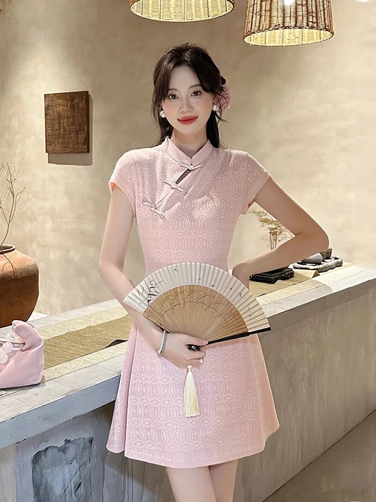 Neue Chinesische Sle ort Sve Button Dr frauen Sommer Abnehmen Blumen Druck Hohe Taille ort Dr Faionable Pendeln