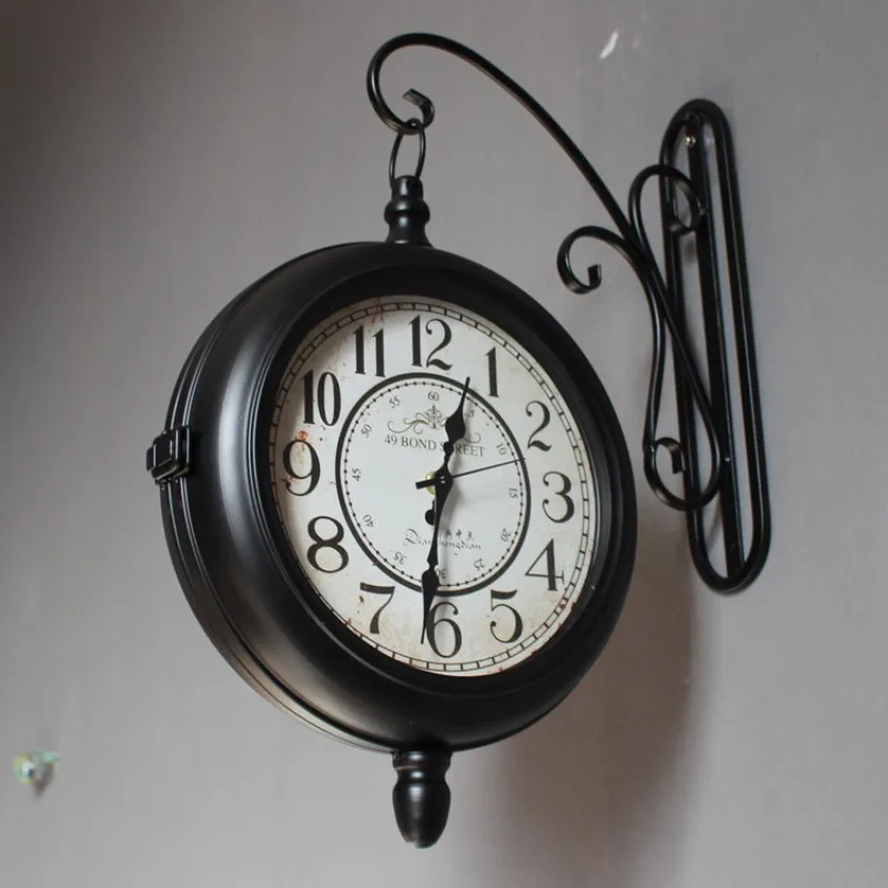 Retro Iron Double Sided Wall Clock, Vintage Distressed European Style Two-Faced Pendulum Clock, 360 View Silent Sweep for Room