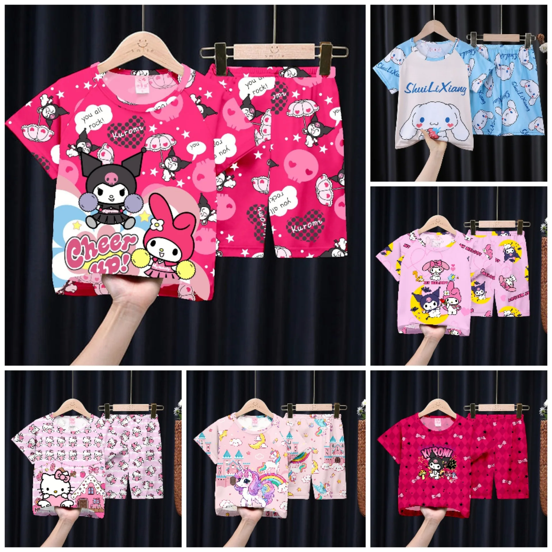 

2024 Sanrio Kids Summer Short Sleeve Shorts Pajamas Set Boys Girls Thin Comfortable Cool Cartoon Student Trend Home Wear Set