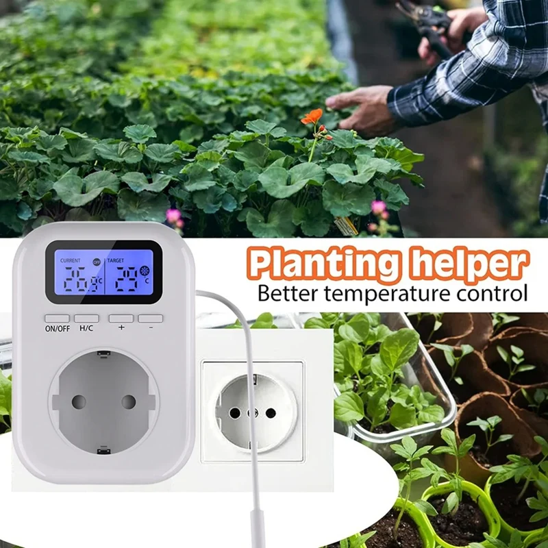 Enchufe controlador de temperatura de 220V con Sensor, enchufe de termostato Digital para invernaderos enchufe europeo plástico blanco 1 Uds