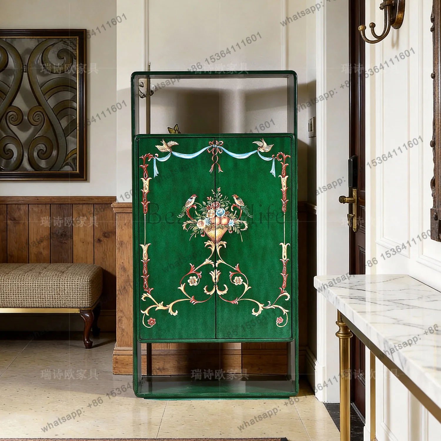 Factory Direct American Retro Painted Two Door Locker Green Double Door Floral Pattern Locker