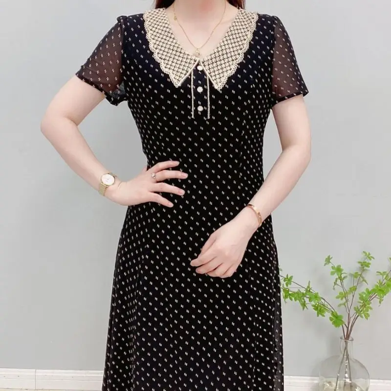 Temperament Dot Patchwork Dames Jurken Zomer Nieuwe Korte Mouw Afdrukken Losse Kantoor Midi Jurk Vintage Elegante Vrouwen Kleding