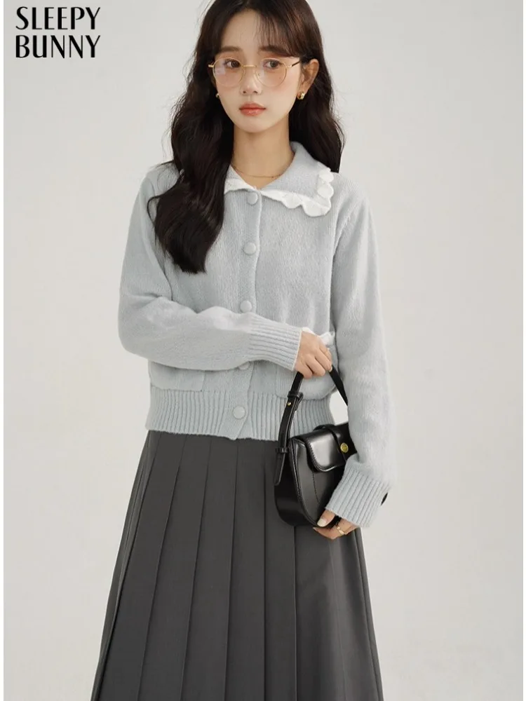 Sweet Baby Blue Cardigan | Contrast Trim Doll Collar Knit Sweater | Soft Cozy Long Sleeve Button Front Knitwear for Women Winter