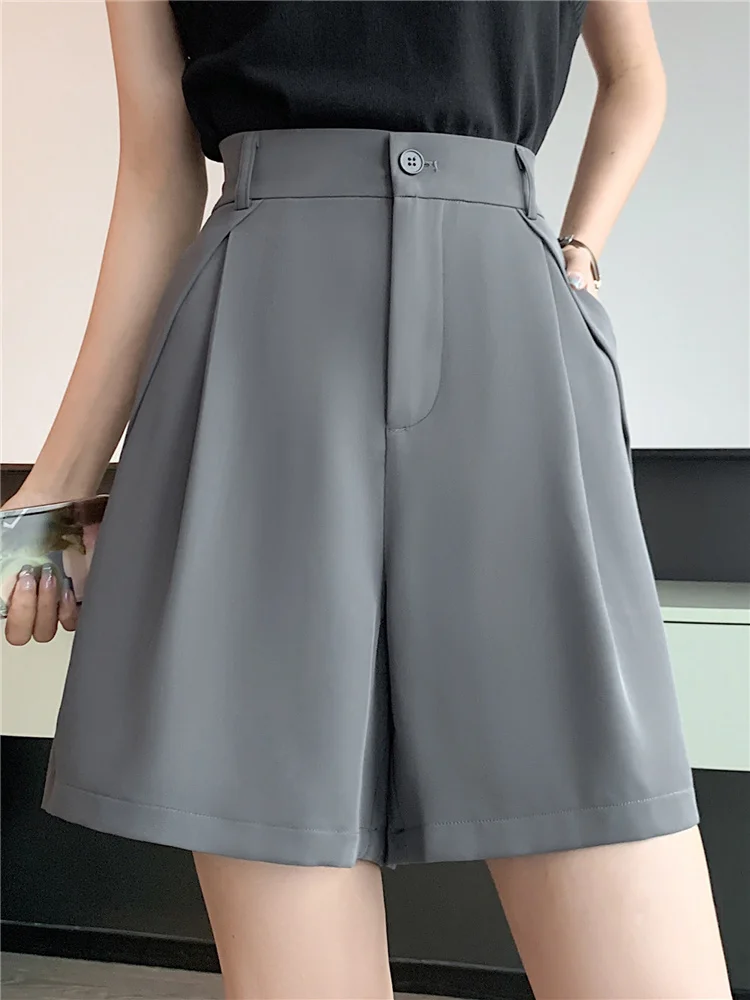 

High Waist Grey Women's Suit Wide Leg Shorts 2023 New Spring Summer Casual Straight Office Chic White Trousers Pockets Female