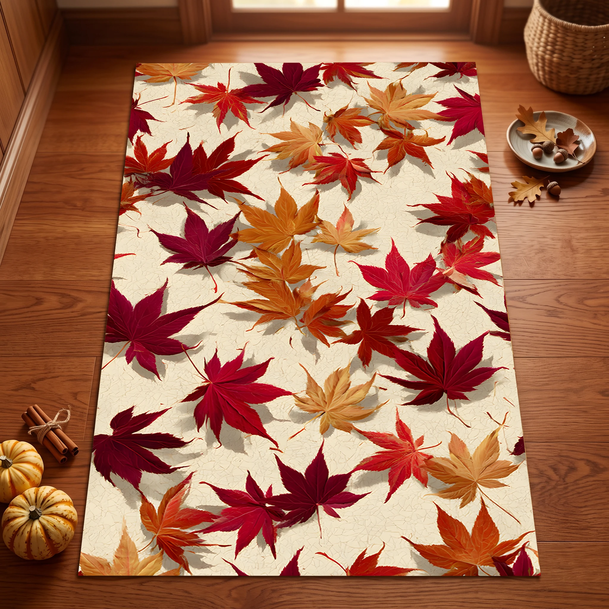 This Red-Orange Gradient Maple Leaf Print Velvet Rug Is Perfect for Autumn and Winter, Creating a Warm and Natural Atmosphere Suitable for Living Rooms, Bedrooms, and Entryways It Adds a Cozy, Harvest-Ready Vibe.