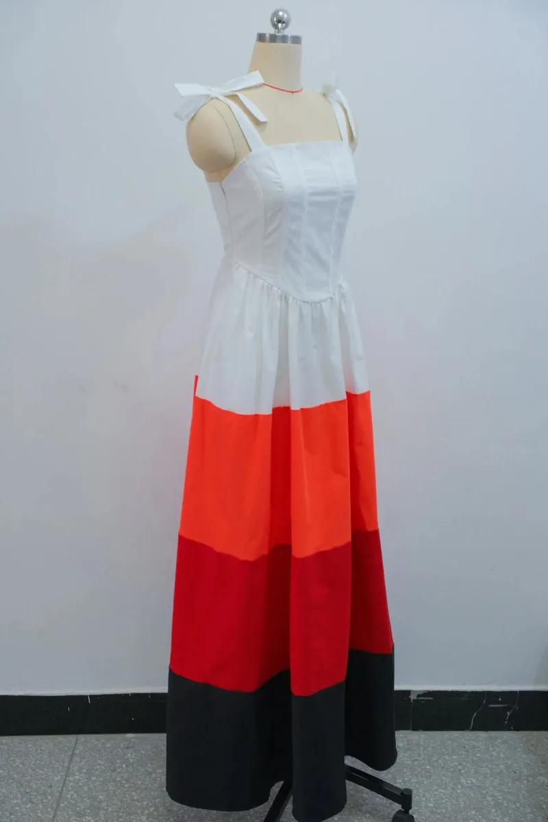 

Spaghetti Strap Dresses for Women Square Collar Lace Up Color Block A Line High Waist Elegant Casual Holiday Beach Party Vestido
