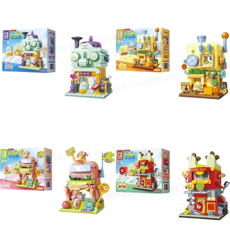 SEMBO BLOCK-bloques de construcción de Bob Esponja, bloques de construcción de doble capa, ensamblaje de escena callejera, modelo de adornos, regalo de vacaciones para niños