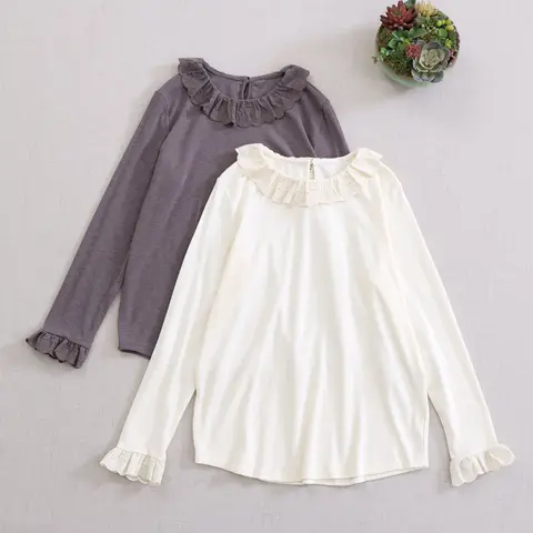 Japanese Sweet Mori Girl Solid Color Knitted Cotton T-Shirts Women Autumn Ruffled Collar Long Sleeve Casual  Pullover Tops