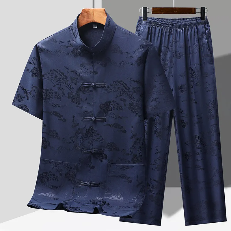 

2025 Summer New Tang Style (Shirt+Pants) Middle aged Dad Men's Fashion Printed Ice Silk Loose Short Sleeve Breathable Casual Shi