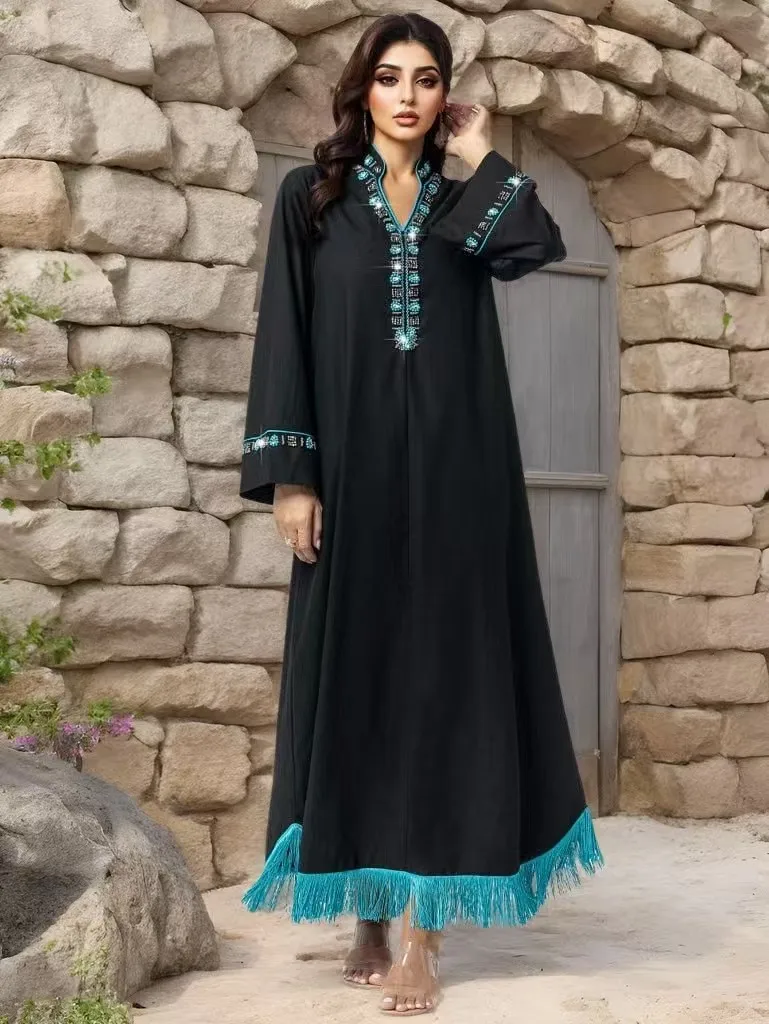 Middle East Faion Handmade Diamond Studded Long Sve Tassel Dr Ele High Waist A-Line Gown for Daily Wear
