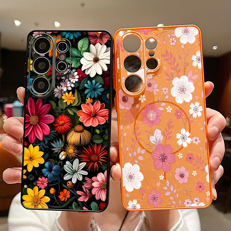 Flower Pattern Magnetic Phone Case For Samsung Galaxy S26 S25 S24 S23 Ultra S25 S24 FE A57 A56 A37 A17 A55 A26 A36 A35 5G Cover
