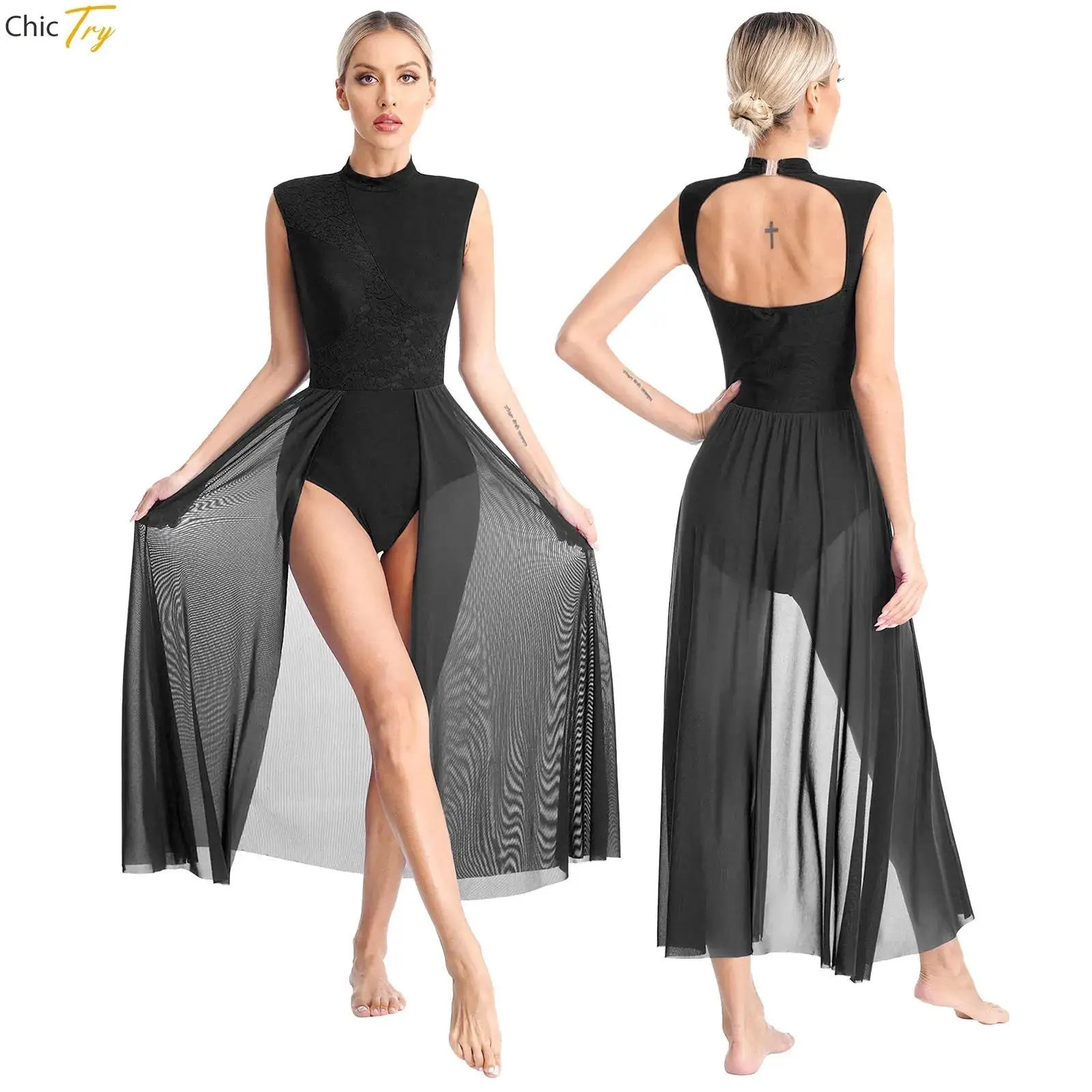 

Women Ballet Dance Dress Contemporary Lyrical Dance Costumes Sleeveless Open Back Gymnastics Leotard Dancewear Maxi Dresses