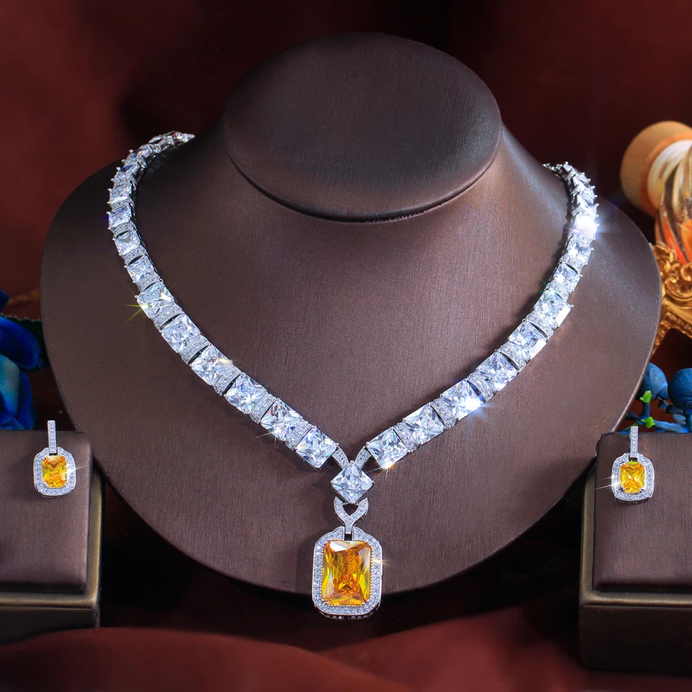 ThreeGraces Luxurious Brilliant Square Zirconia Women Big Yellow CZ Necklace Earrings Bridal Wedding Party Jewelry Set T1097