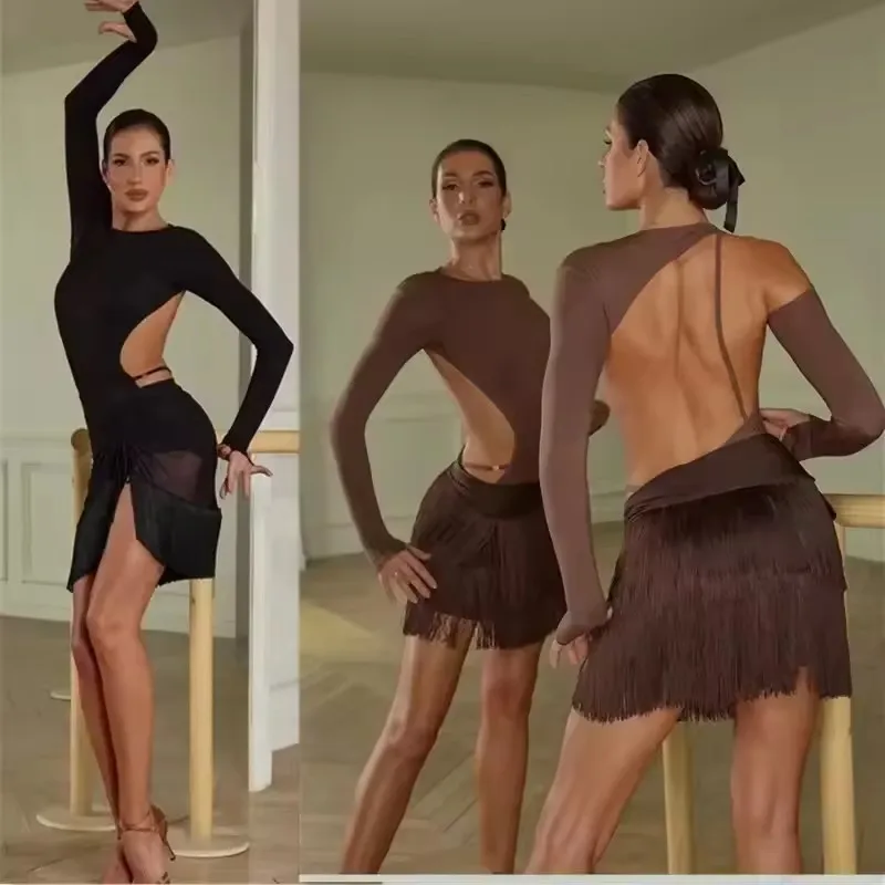 ラテンダンスの摩耗黒背中の開いたトップ女性ジャンプスーツボディスーツ社交新しいレオタードラテントレーニング練習着サンバルンバチャチャ