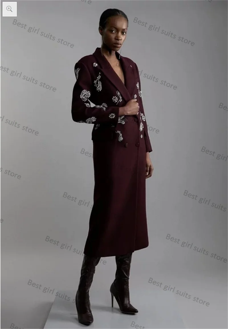 

Burgundy Cashmere Wool Women Suit 1 Piece Blazer Overcoat Crystals Formal Office Lady Jacket Customized Prom Dress Winter Outfit