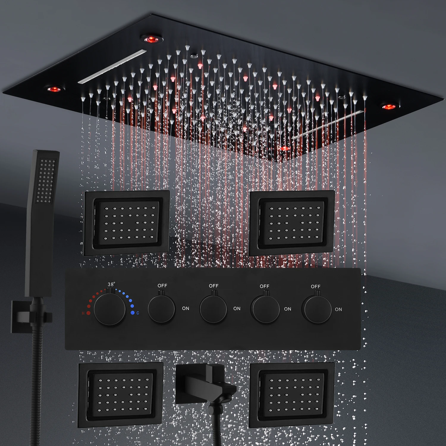 20X14inch Black LED Shower Head Rainfall Waterfall Shower System Set Lateral Wall Jet With Thermostatic Mixer Valve Kit