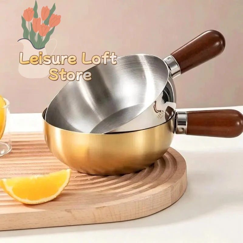 1Pc Thick Bottom Stainless Steel Pot Heat Resistant Wooden Handle Induction Compatible Even Heating for Stew Soup Cooking